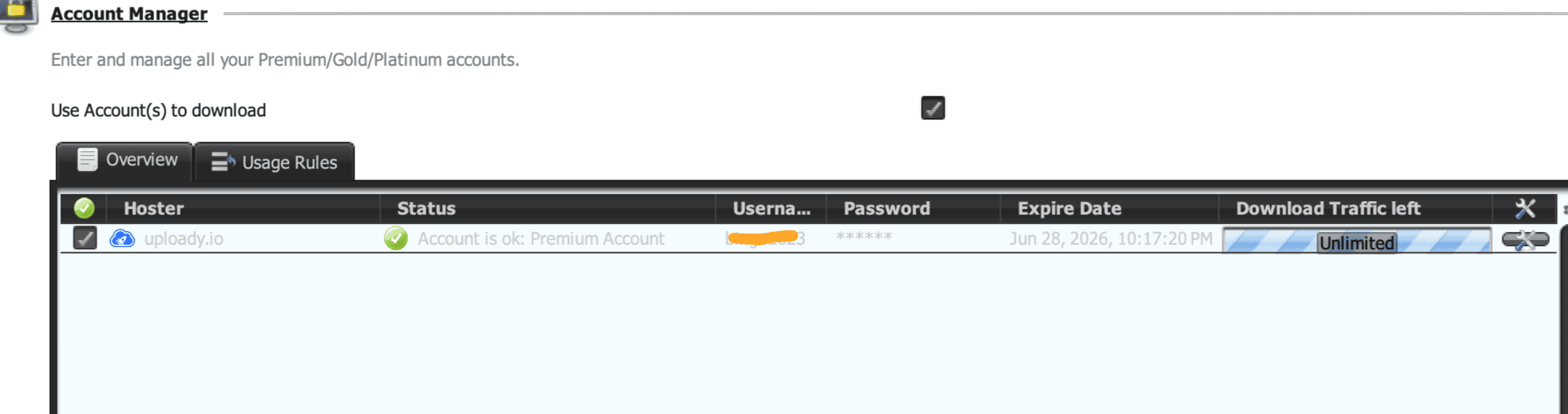 Uploady Premium account active in JDownloader 2