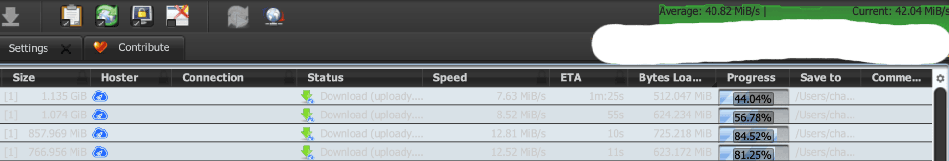 Uploady Premium の JDownloader 速度テストで平均40 MiB/s以上を表示